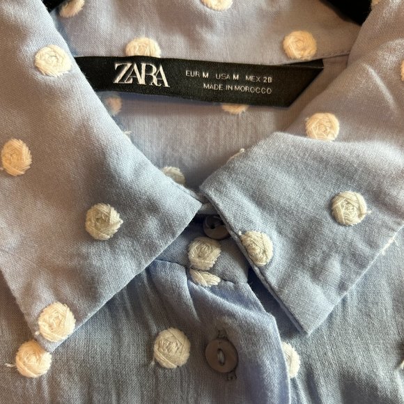 ZARA Light Blue EMBROIDERED POLKA DOT SHIRT Long Sleeve Sz M - Picture 6 of 7